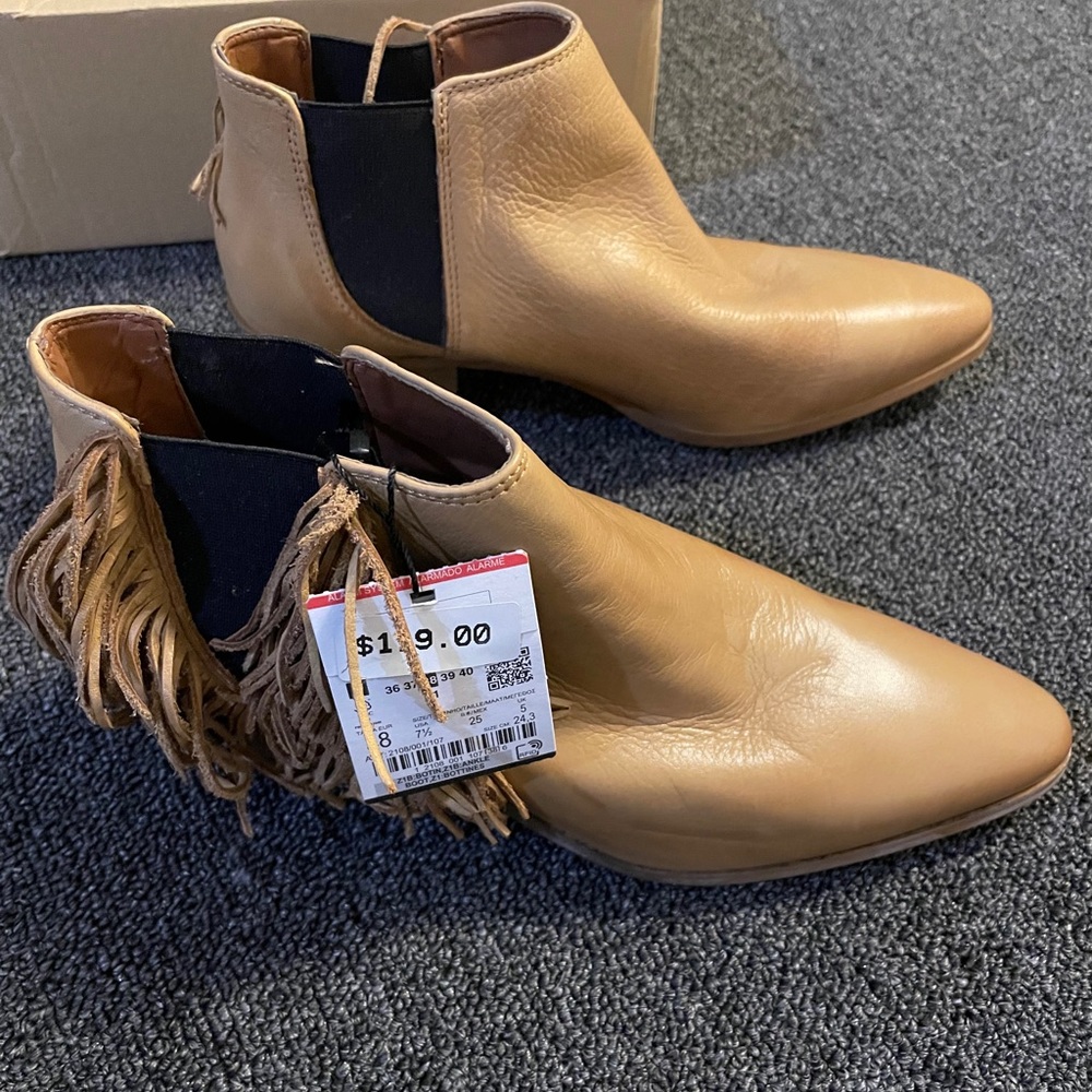 Brand new tan leather fringe booties
